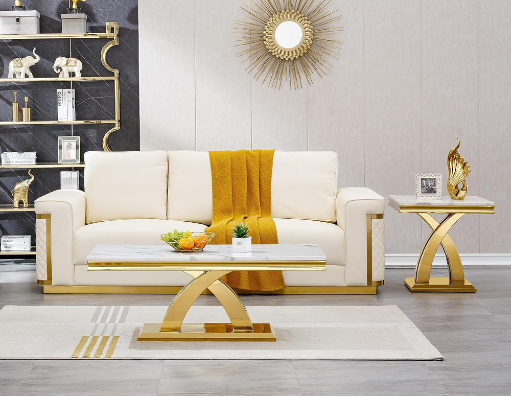 SSLine Faux Marble 2 Pieces Living Room Table Sets,Modern Marble Coffee Table...