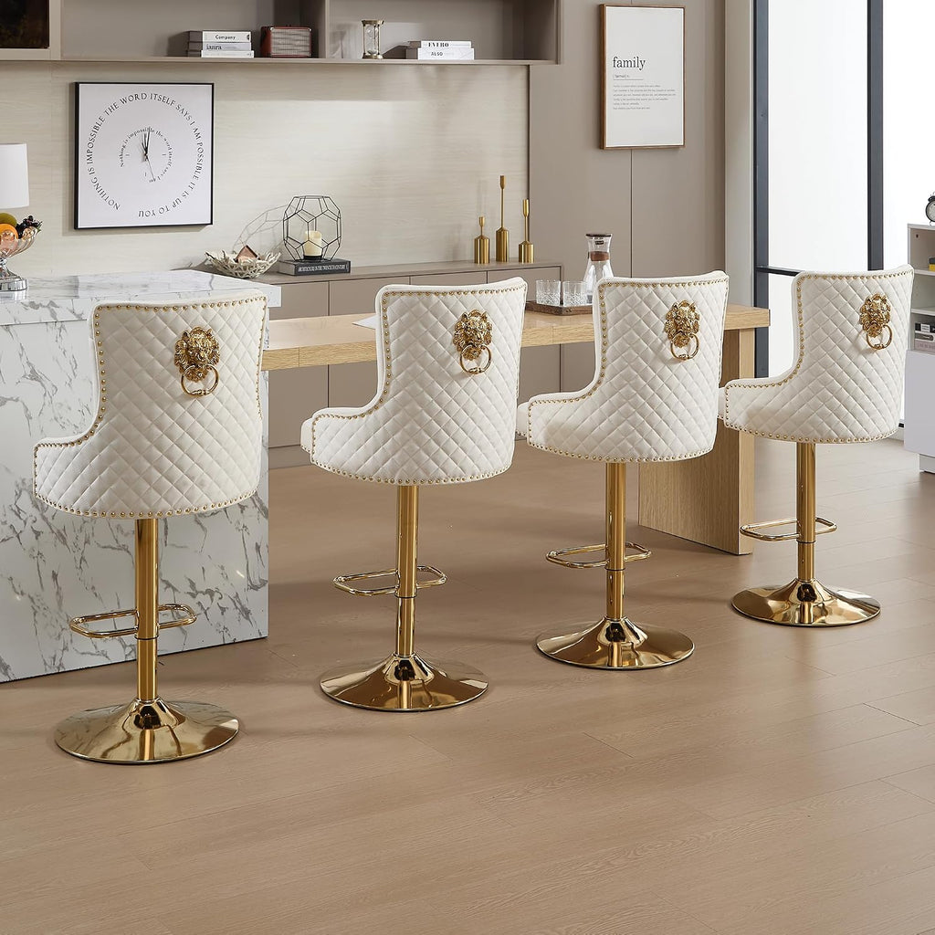 Gold Barstools Set of 4,Velvet Swivel Bar Height Stools with Lion Pull Ring,Upholstered Counter Height Stools with High Tufted Back,Modern Adjustable Bar Chairs for Kitchen Island/Cafe,Cream