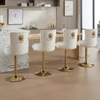 Gold Barstools Set of 4,Velvet Swivel Bar Height Stools with Lion Pull Ring,Upholstered Counter Height Stools with High Tufted Back,Modern Adjustable Bar Chairs for Kitchen Island/Cafe,Cream
