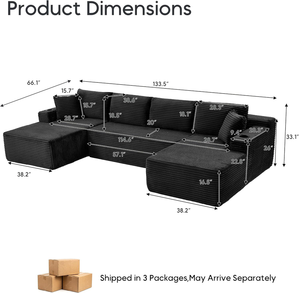 133" U-Shaped Modular Sectional Sofa, Corduroy Couch, Black | Cloud Luxu...