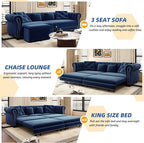 KEIKI King Size Convertible Chesterfield Sofa Bed, 89" Velvet Couch with Ottoman, Tufted Design, 3-in-1 Sleeper Sofa for Living Room, Bedroom, or Office, Blue