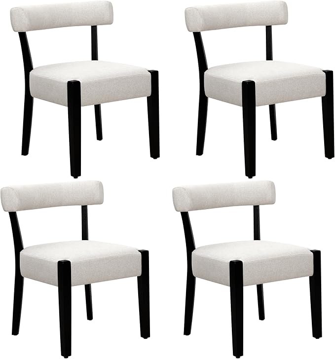 Modern Dining Chairs Set of 4, Upholstered Kitchen & Dining Room Chairs, Mid Century Modern Wooden Dining Chairs Oversized Sturdy Fabric Rounded Chairs Curved Back, Black and Beige