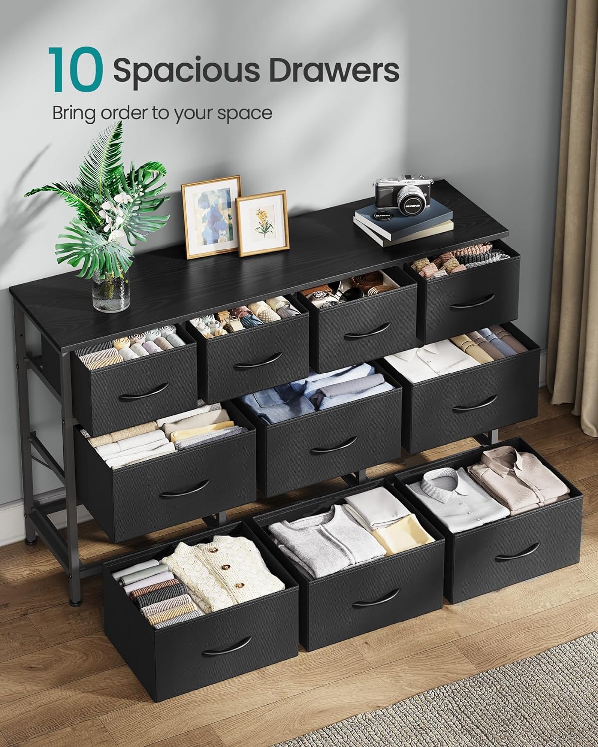 SONGMICS BELLAH Collection - Dresser for Bedroom, Chest of Drawers, TV Stand for TVs Up to 55 Inches, Living Room, Closet, 10 Drawers, Modern, Ink Black ULGS333BH02S