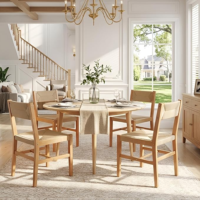 Mid Century Modern Rattan Dining Chairs Set of 6, Natural Beechwood Kitchen Chairs Farmhouse Woven Dining Room Chairs, Armless Boho Cane Wicker Chair Wooden Dining Chairs with Weave Hemp Seat and Back