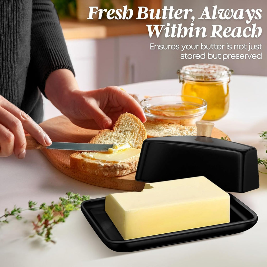 Flexzion Ceramic Black European Butter Dish with Lid for Countertop (8 Inch) - Wide 2 Stick Double Butter Holder for Counter, Cream Cheese Container Storage Keeper