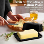 Flexzion Ceramic Black European Butter Dish with Lid for Countertop (7 Inch) - Wide 2 Stick Double Butter Holder for Counter, Cream Cheese Container Storage Keeper