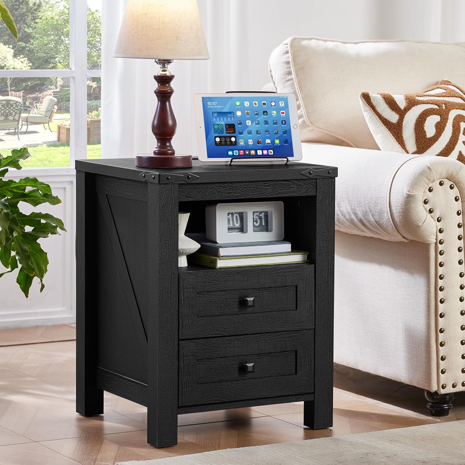 Joaxswe Nightstands Set of 2 with Charging Station and 2 Drawers, Farmhouse | Black Night Stand, Bed Side End Tables, Open Shelf Storage, Bedside Cabinet for Bedroom, Living Room, Closet, Office