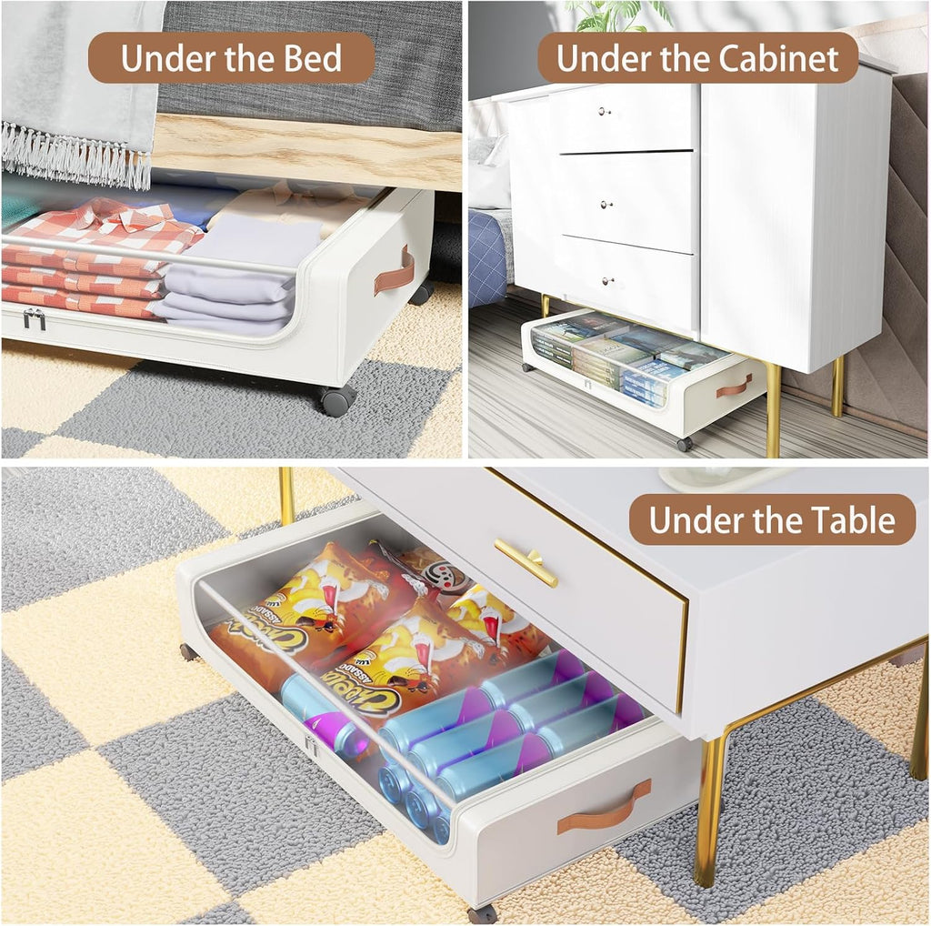 Under Bed Storage with Wheels, UnderBed Storage Containers with Clear Lid and Handles, Under the Bed Storage Bins Drawers for Clothes,Blankets,Shoes,Books (WHITE, 2 PACK)