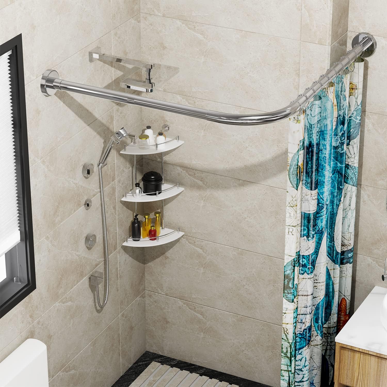 Stretchable 304 Stainless L Shaped Bathroom Bathtub Corner Shower Curtain Rod Rack, Drill Free Install, for Bathroom, Clothing Store, Private space(24"-53" x 24"-53", Maximum size 69'')