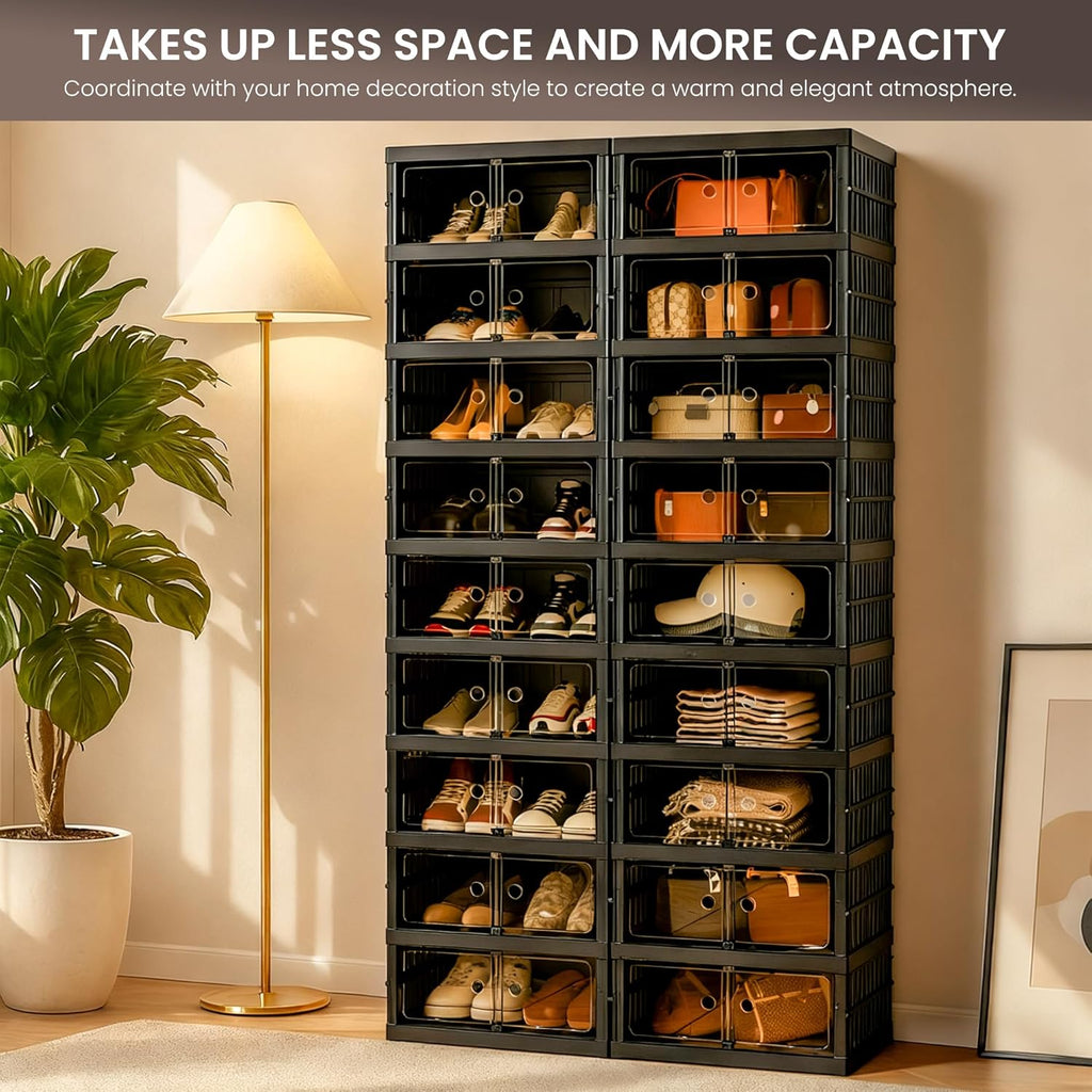 Foldable Shoe Organizer Storage Box Set of 2, Portable Extra Large Folding Shoe Rack for Closet, Shoe Storage Box with Magnetic Transparent Door and Wheels, 9 Layers 18 Grids