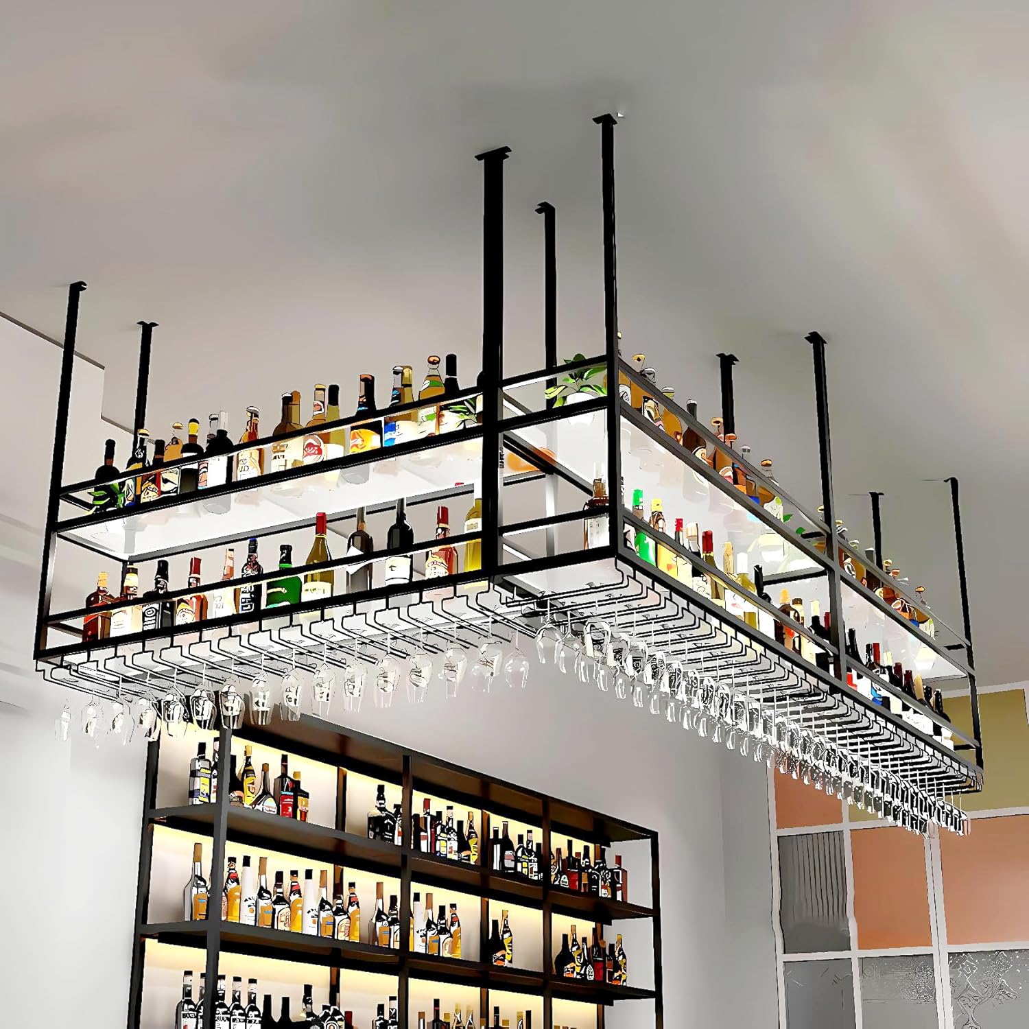 47.2IN Acrylic Ceiling Wine Glass Rack with Transparent Shelves, Hanging Wine Rack with Glass Holder and LED lights, 2 Layer Ceiling Bottle Holder Shelf for Bar Kitchen Decorate (47.2in/120cm)