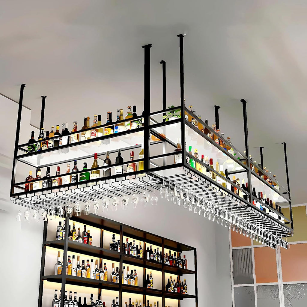 31.4IN Acrylic Ceiling Wine Glass Rack with Transparent Shelves, Hanging Wine Rack with Glass Holder and LED lights, 2 Layer Ceiling Bottle Holder Shelf for Bar Kitchen Decorate (31.4in/80cm)