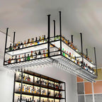 59IN Acrylic Ceiling Wine Glass Rack with Transparent Shelves, Hanging Wine Rack with Glass Holder and LED Lights, 2 Layer Ceiling Bottle Holder Shelf for Bar Kitchen Decorate (59in/150cm)
