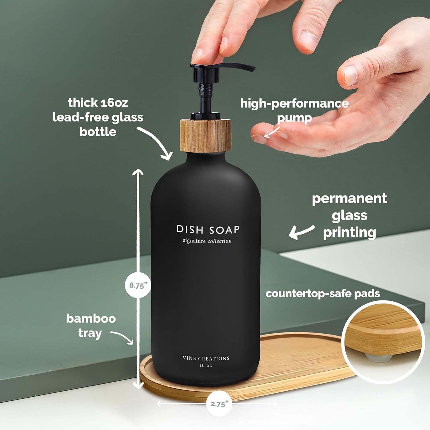 Vine Creations Black Glass Soap Dispenser Set, Hand Soap and Dish Soap Dispenser Set with Bamboo Tray, 16 oz Glass Dispensers Bottle for Kitchen and Bathroom Decor Modern Boho with Bamboo Pump (Black)