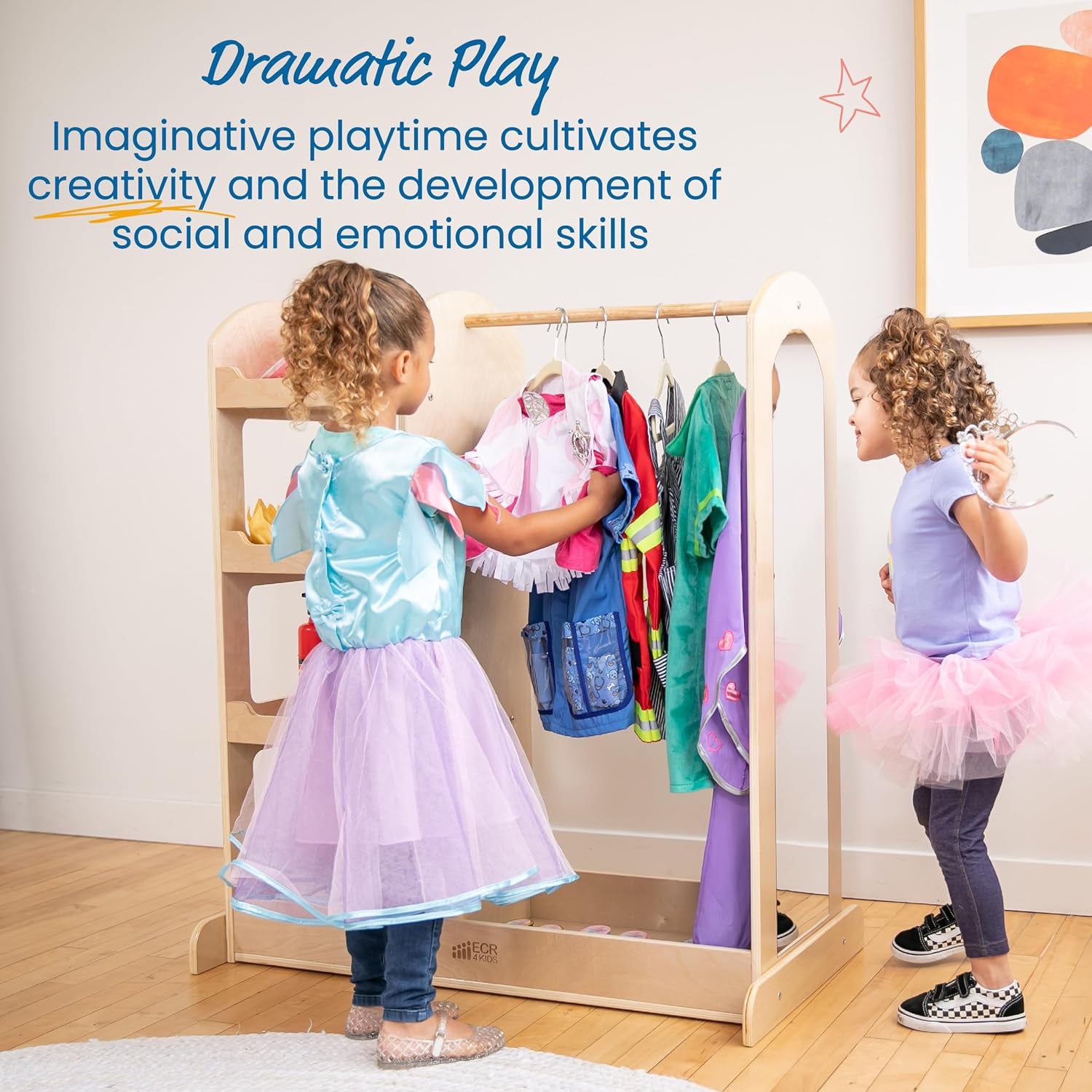 ECR4Kids Dress-Up Center with Mirror, Costume Organizer, Montessori Furniture, Natural