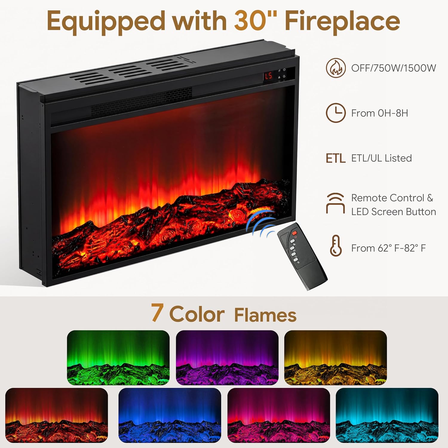 Fireplace TV Stand with 30" Electric Fireplace, Modern Fireplace Entertainment Center Fits TVs up to 70", Fluted Wood TV Console with Spacious Storage Cabinet for Living Room (Black)
