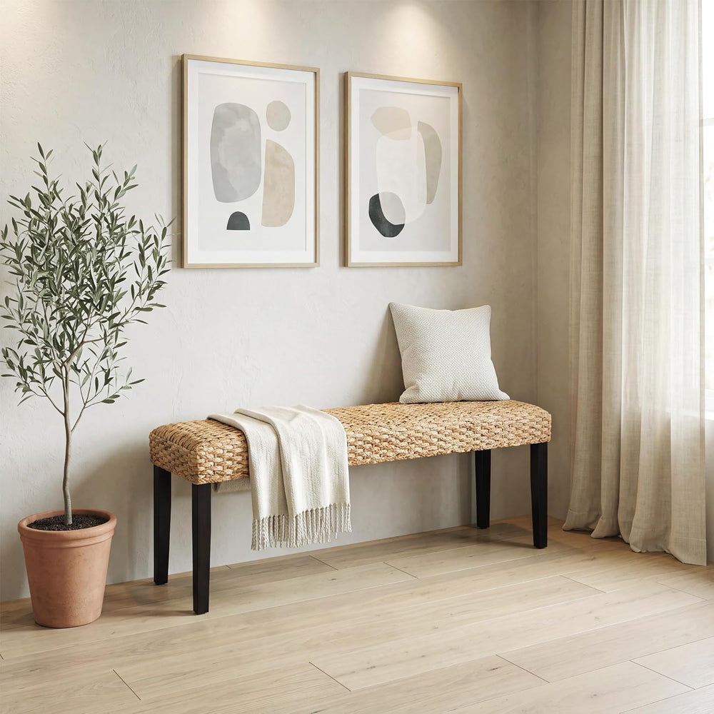 Solid Wood Acacia Indoor Bench, Water Hyacinth Seat, Black Leg, Plait Style |...