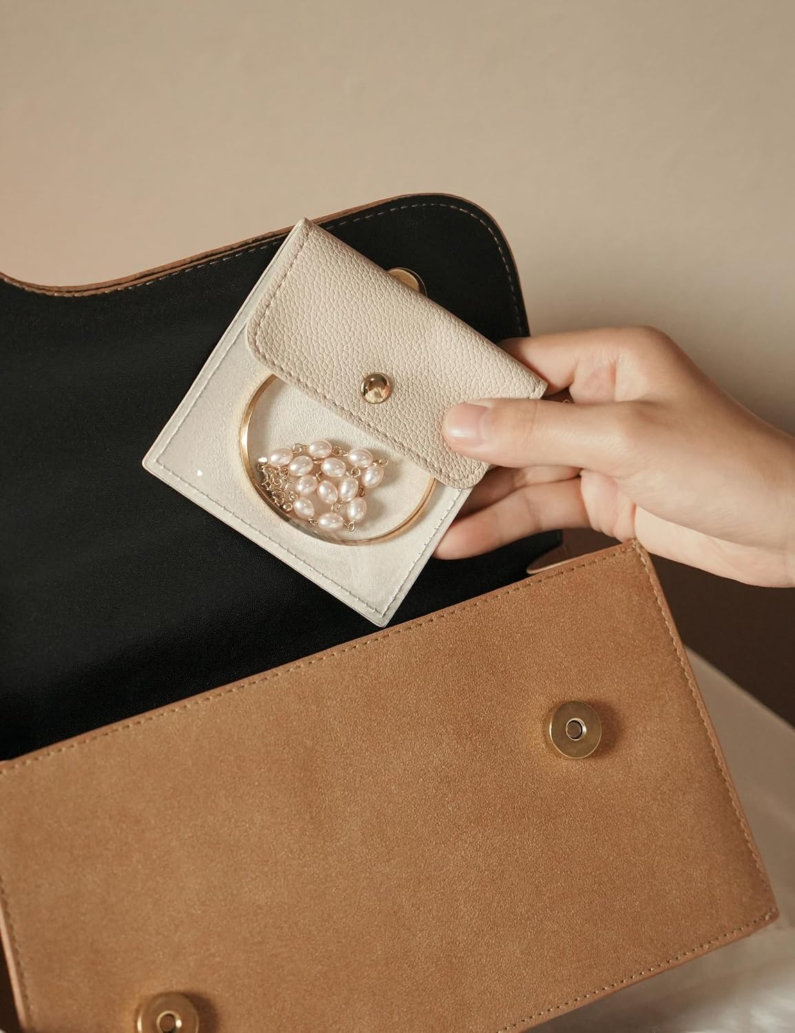 6 Pcs Jewelry Bags Clear Mini Pouch Small Jewelry Pouches for Traveling Leather Portable Travel Jewelry Organizer and Storage Bag for Earrings, Necklace, Beige