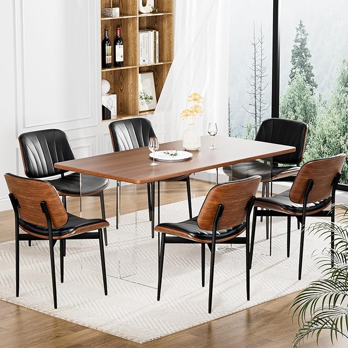 Dining Chairs Set of 6, Dining Room and Kitchen Chairs, FSC Certified Mid Century Modern Accent Chair, Upholstered PU Leather Chairs for Vanity with Walnut Bentwood and Metal Legs, Black