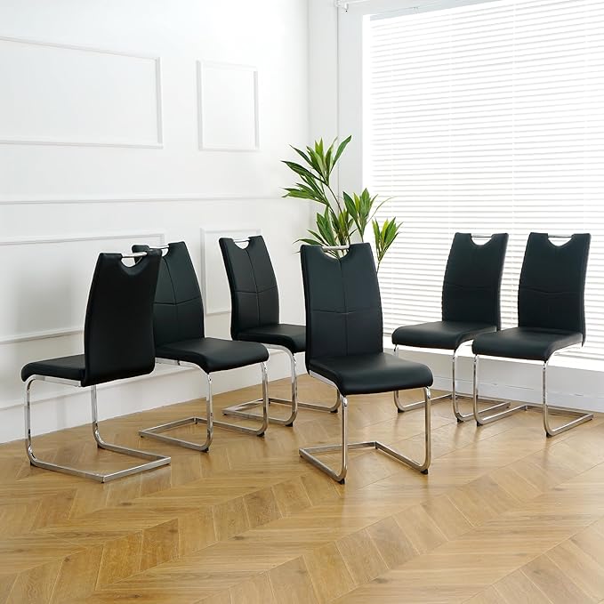 Goujxcy Dining Chairs Set of 6, Modern High Back Kitchen Chairs with Metal Legs and Faux Leather Padded Seat Upholstered Dining Chairs for Dining & Kitchen,Living Room (Black&Silver, Set of 6)