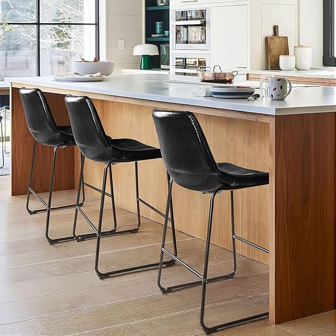 LEMBERI 26 inch Bar Stools Set of 4, Modern Counter Height Bar Stools, Faux Leather Barstool with Back and Metal Leg, Armless Bar Chairs for Kitchen Island (Black, 4pcs 26")