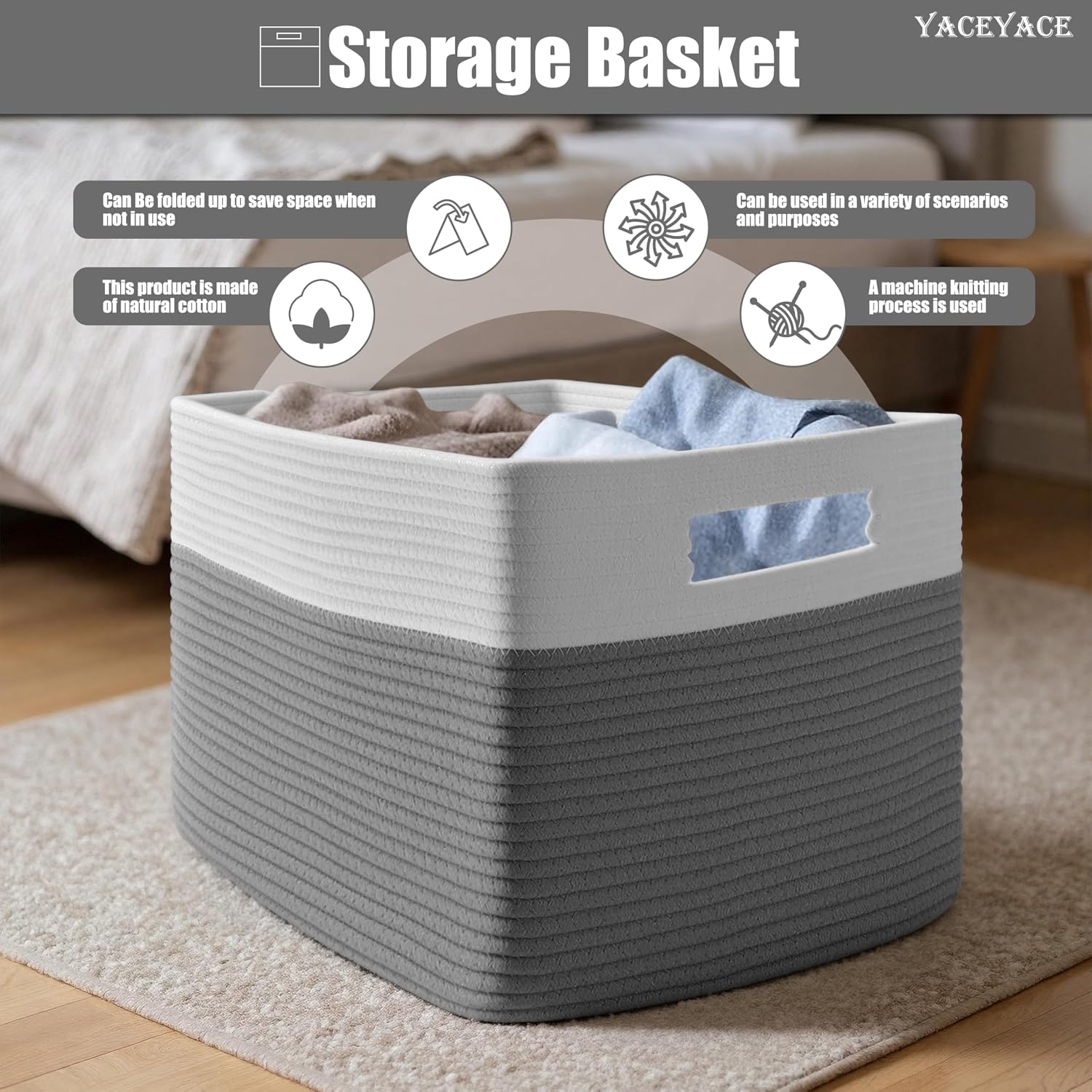 Large Blanket Basket with Handles, Big Woven Cotton Blanket for Living Room, Nursery, Big Bin Basket for Cloth, Storage, 22"x17"x12"