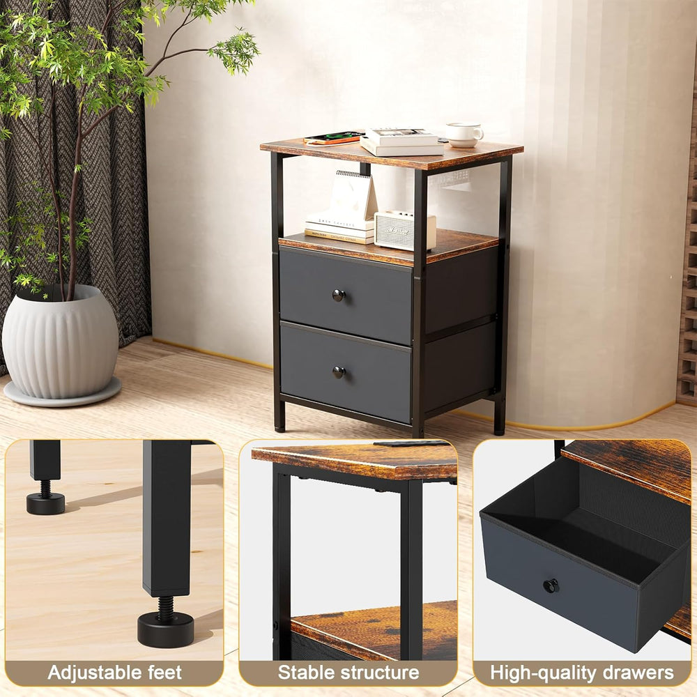 Nightstand with Charging Station, Bedside End Table with 2 Fabric Drawers for...