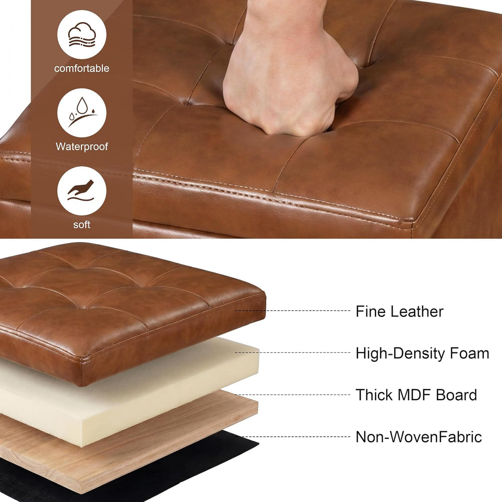 15 inch Square Storage Ottoman with Wheels and Tray Lid, Faux Leather Tufted ...