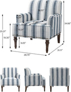 Accent Chair, Mid Century Modern Comfy Armchair for Living Room, Linen Fabric Single Sofa Lounge for Reading Bedroom Apartment Waiting Room with Wood Legs (Dark Blue Stripe, Set of 1)