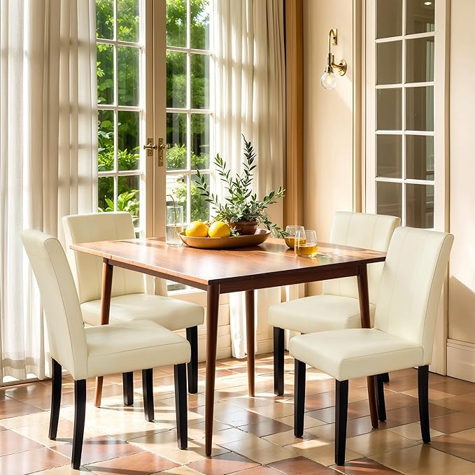 CHUN YI Dining Chairs Set of 4, Faux Leather Dining Room Chairs, High Back Upholstered Parsons Chairs for Dining Room Kitchen Side Chair with Sturdy Wood Legs, Cream (Only Chair)