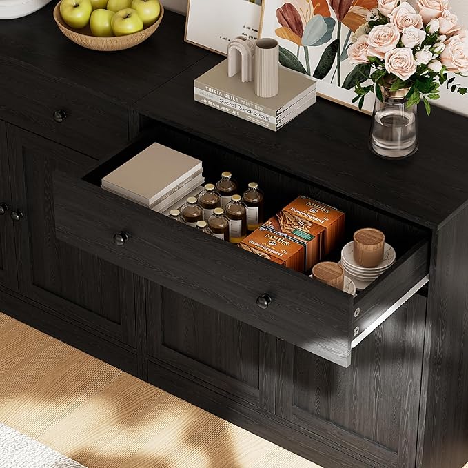 TUSY 71" Large TV Stand Set - TV Entertainment Center for TVs up to 65", Media Center with Tempered Glass Doors and Drawer, TV Hutch with Bookshelves for Living Room (Black, BEEB)