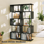 Furologee 6 Tier Bookshelf Tall Geometric Bookcase, S Shaped Industrial Display Standing Shelf, Metal and Wood Decorative Storage Room Divider Rack for Bedroom, Living Room, Office, Light Black Oak