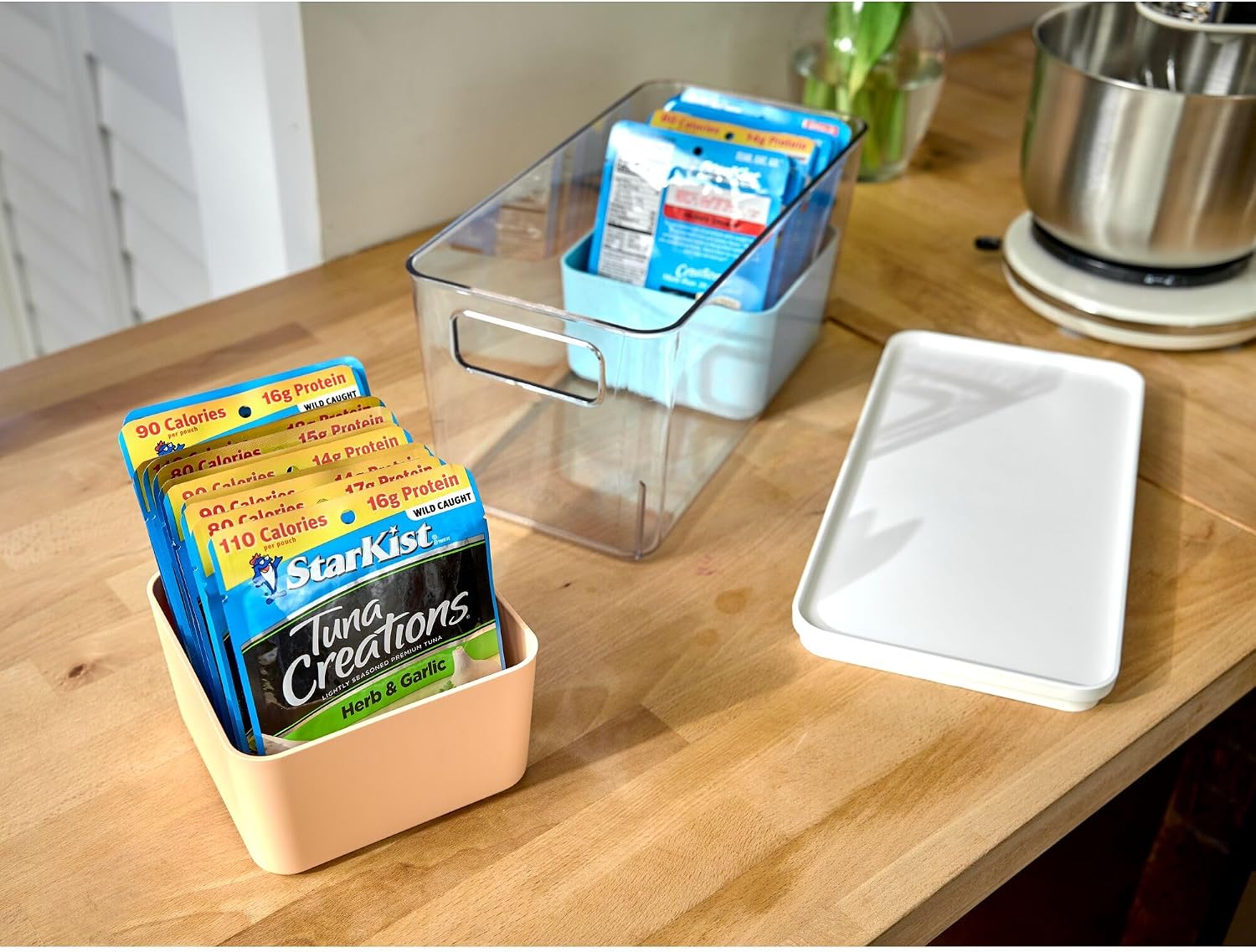 Rosanna Pansino x iDesign Recycled Plastic Kitchen Storage Bins, Includes 1 Large Bin with Lid and 2 Medium Bins, Multicolored Bins/Marshmallow Lid, 6" x 12" x 6"