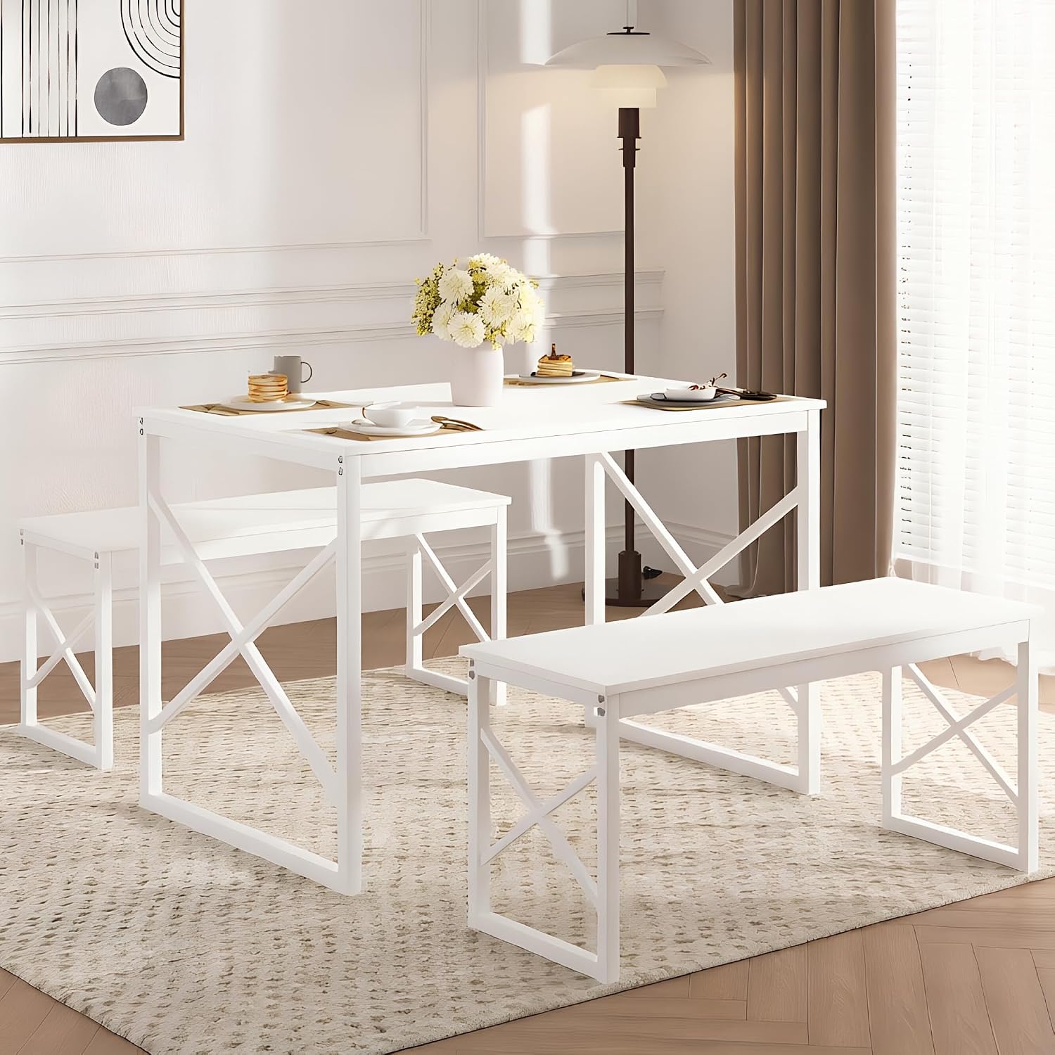 VECELO 43.3" Kitchen Dining Table Set for 4, Heavy-Duty Steel Frame & Wood-Grain Tabletop, Space-Saving Dinette Sets with 2 Benches for Breakfast Nook and Small Space, White