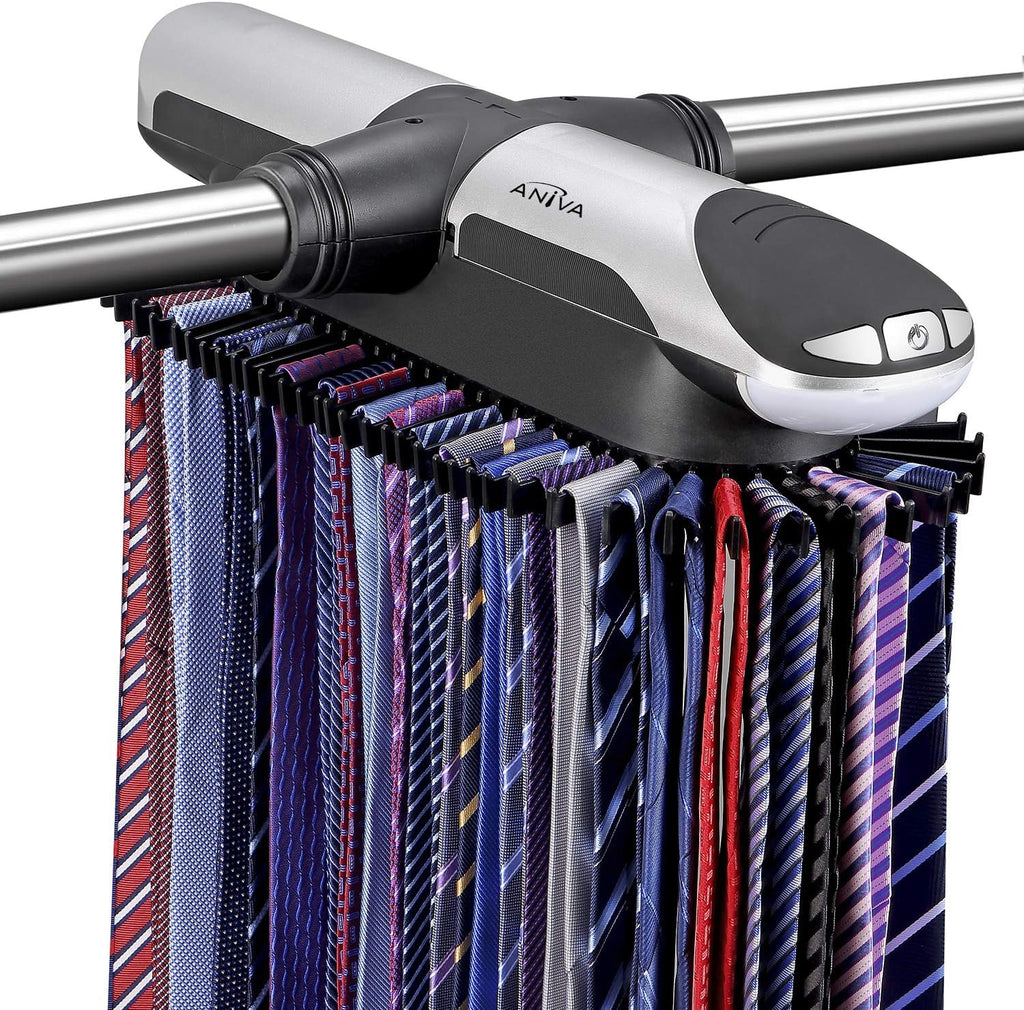 Aniva Motorized Tie Rack Closet Organizer with LED Lights Includes J Hooks for Wired Shelving Stores Up to 72 Ties & 8 Belts, Operates with Batteries
