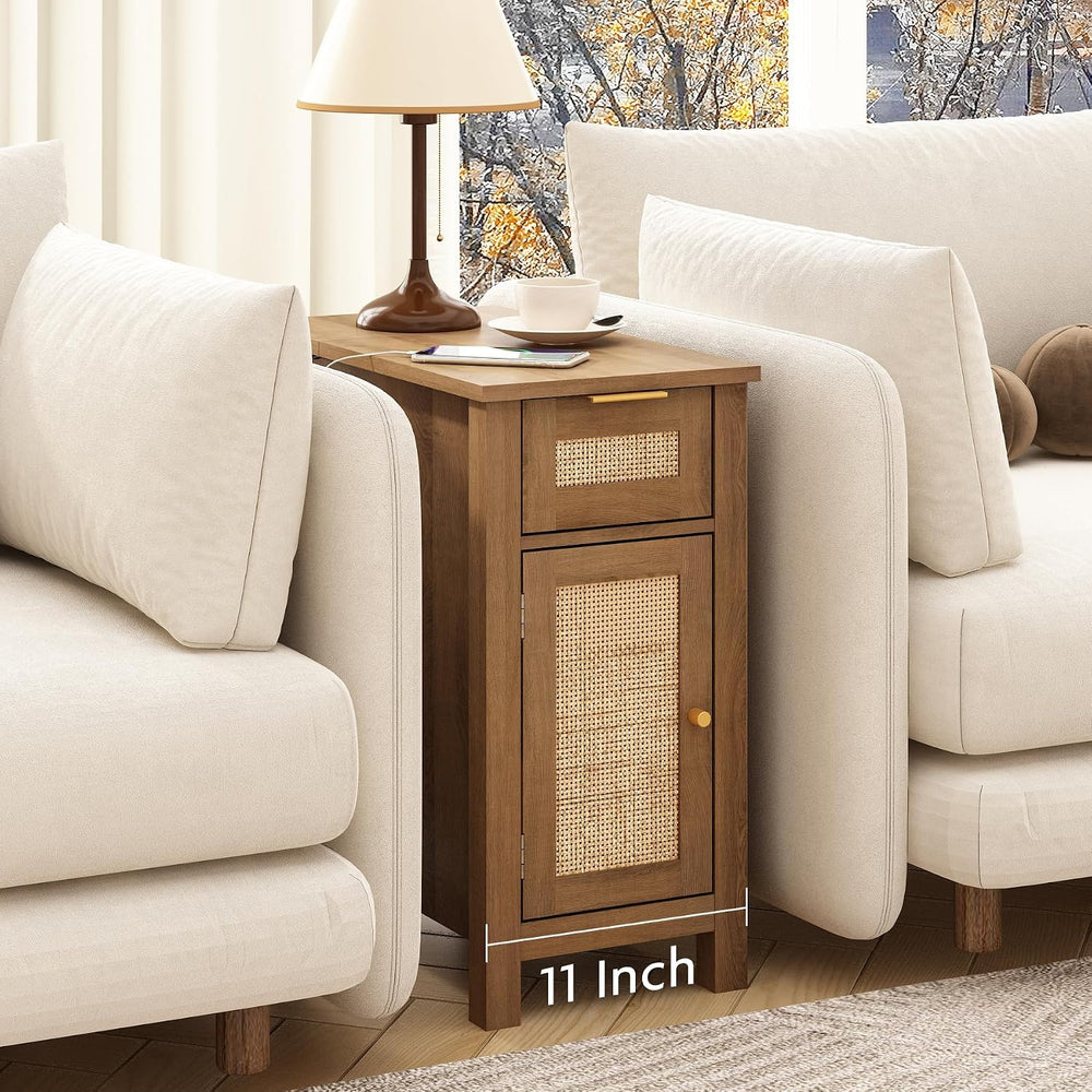 Narrow End Table with Charging Station - Midcentury Rattan Slim Side Table wi...