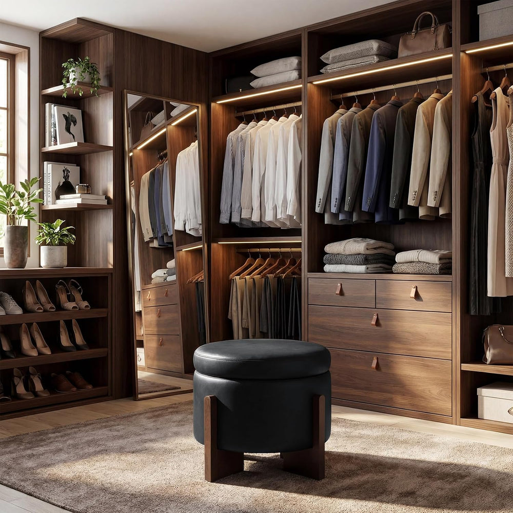 Leather Ottoman with Storage and Ash Wood Legs, Modern Foot Stool，Round Stora...