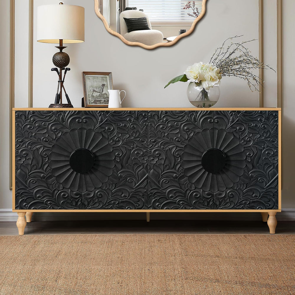 63" Sideboard Buffet Credenzas for Living Room, Black+Natural Entryway T...
