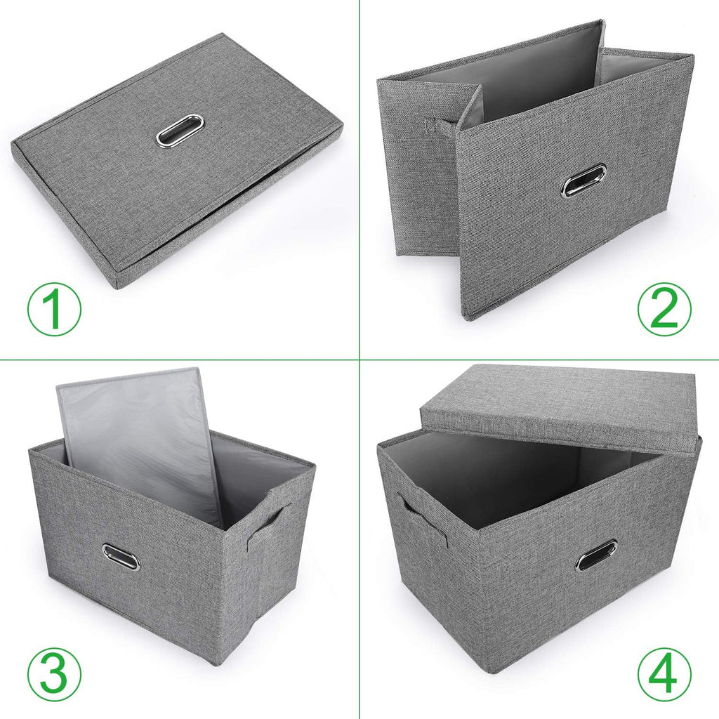 Large Linen Fabric Foldable Storage Bins with Removable Lid and Handles, Washable Storage Box Organizer Containers Baskets Cube with Cover for Bedroom,Office(Black, Large(2-Pack))