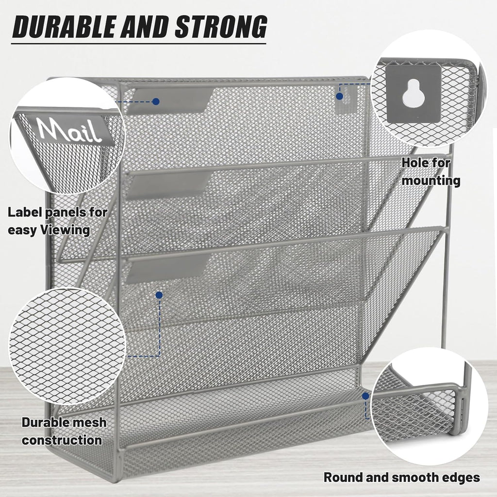 EASEPRES Desk File Organizer Mesh 4-Tier, Hanging Wall Mount Document Organization Stand, Desktop Vertical Mail Paper Folder Holder Rack with Bottom Tray for Office Home Cubicle Countertop, Gray