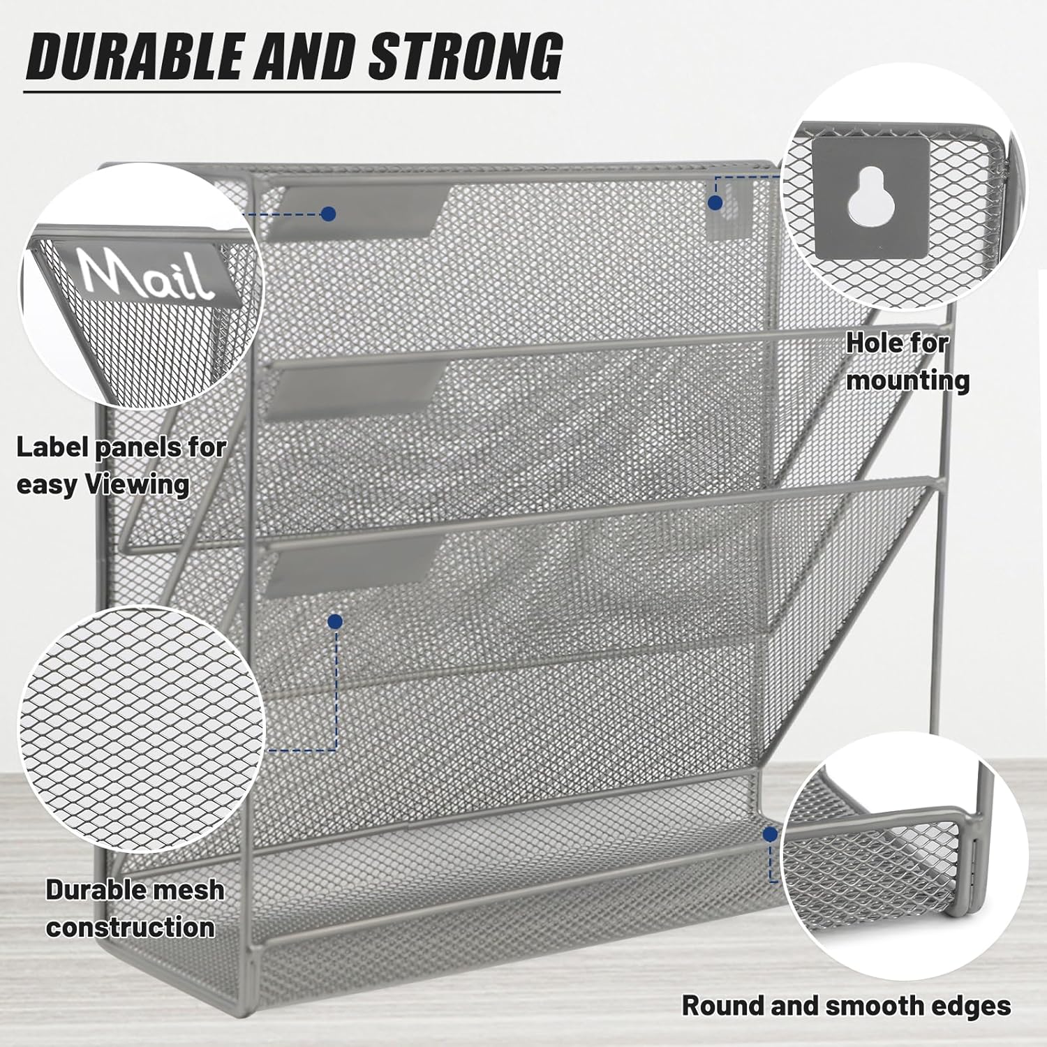 EASEPRES Desk File Organizer Mesh 4-Tier, Hanging Wall Mount Document Organization Stand, Desktop Vertical Mail Paper Folder Holder Rack with Bottom Tray for Office Home Cubicle Countertop, Gray
