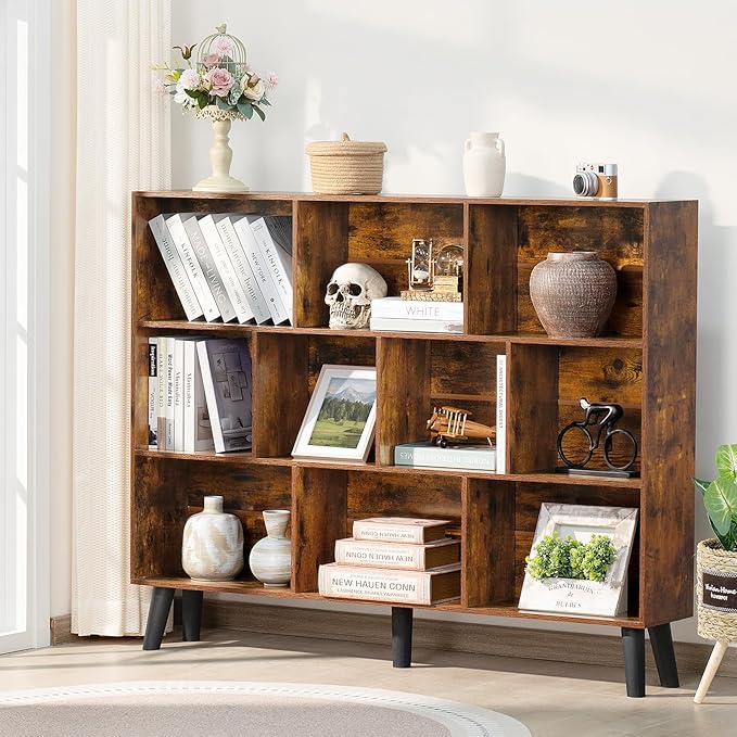 LEYAOYAO 10 Cube Bookshelf, 3 Tier Vintage 55.12" Wide Bookcase with Legs, Mid-Century Wood Bookshelves Storage, Brown Large Book Case, Freestanding Organizer Display Shelf for Living Room, Office