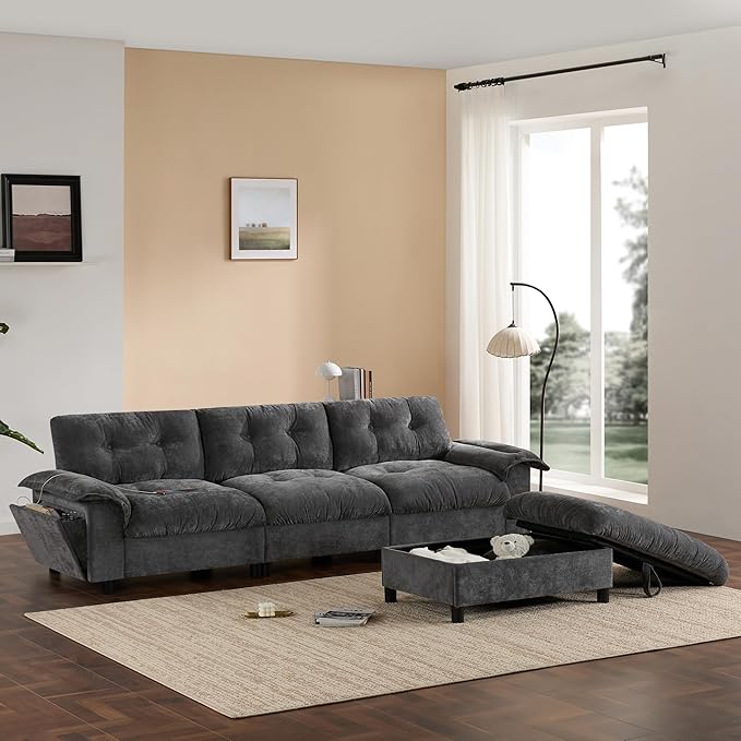 Ball & Cast Modular L Shaped Sectional Sofa W/Movable Storage Ottoman&Dual-Port Charging,4 Seater Chenille Upholstered Couch W/Side Storage Pockets&Cup Holder,for Living Room,Apartment,Dark Gray,104"