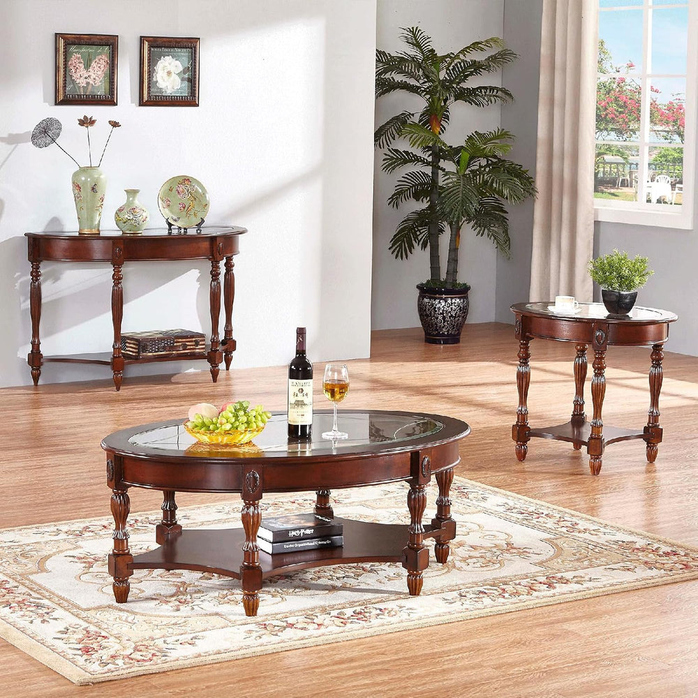 Vintage Solid Wood Oval End Table with Tempered Glass Top, 28"x24" ...