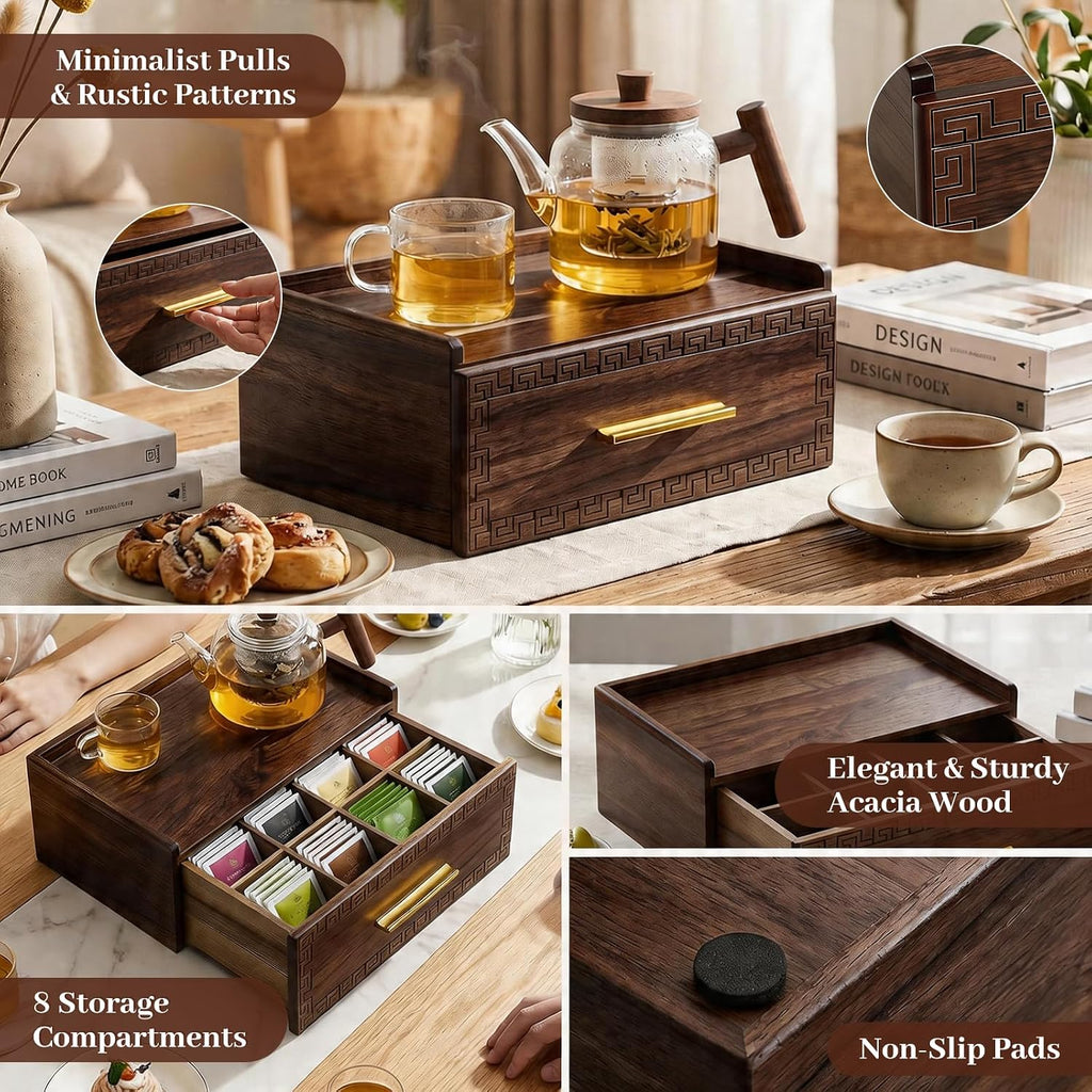 Acacia Wood Tea Bag Organizer with Storage Drawer | 8 Compartments Tea Caddy with Pattern Carving & 2 Ceramic Absorbent Coasters | Wooden Teabag Holder Tea Organizers for Countertop (Walnut)