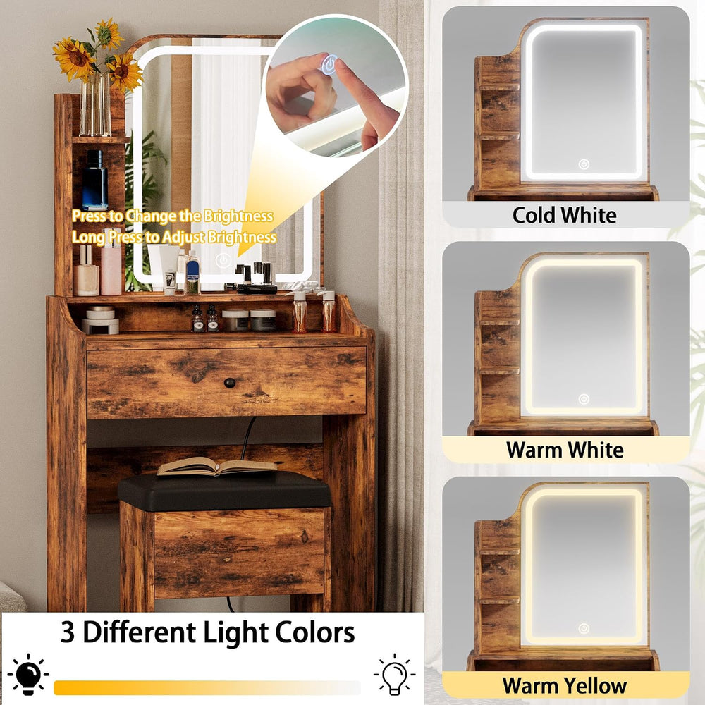 LIKIMIO Small Vanity Desk with Mirror Lights and Storage Stool | Vintage brow...