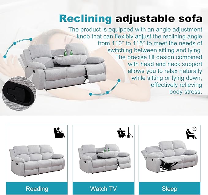 Recliner Sofa Set Couches for Living Room Chair Line Fabric Living Room Furniture Sets, Adjusted Loveseat Reclining Couch Furniture Sofa Set for Theater Seating, 3-Seater, Grey White