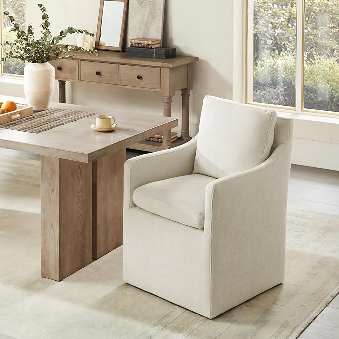 Upholstered Dining Chairs with Casters, No Assembly Modern Accent Armchair with Rollers for Dining Room, Bedroom, Living Room, Reading Room, Already Assembled, Beige, 2 Box
