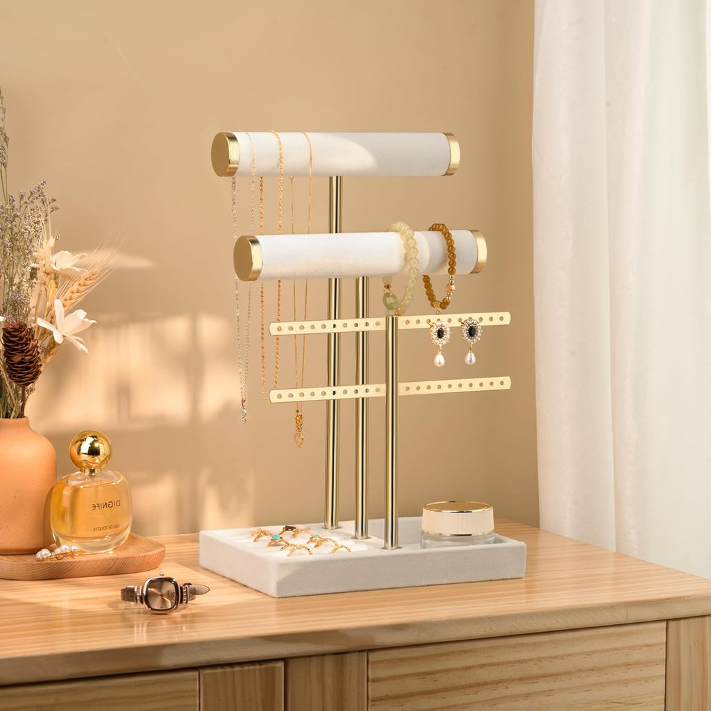 3 Tier Bracelet Holder Display - Detachable T Bar White Velvet Bracelet Holder, Jewelry Holder Organizer for Bracelet, Necklace, Earrings, Rings
