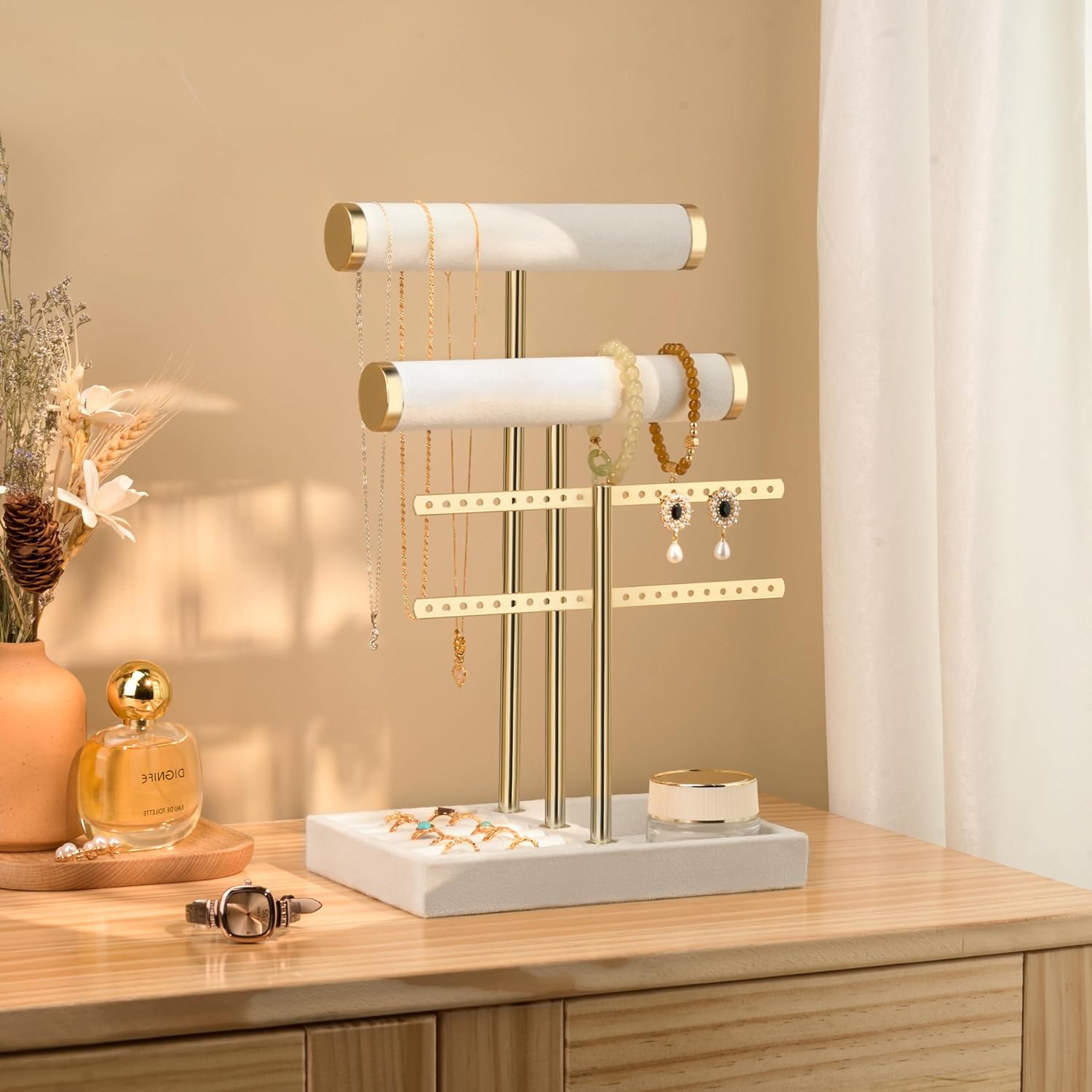 3 Tier Bracelet Holder Display - Detachable T Bar White Velvet Bracelet Holder, Jewelry Holder Organizer for Bracelet, Necklace, Earrings, Rings